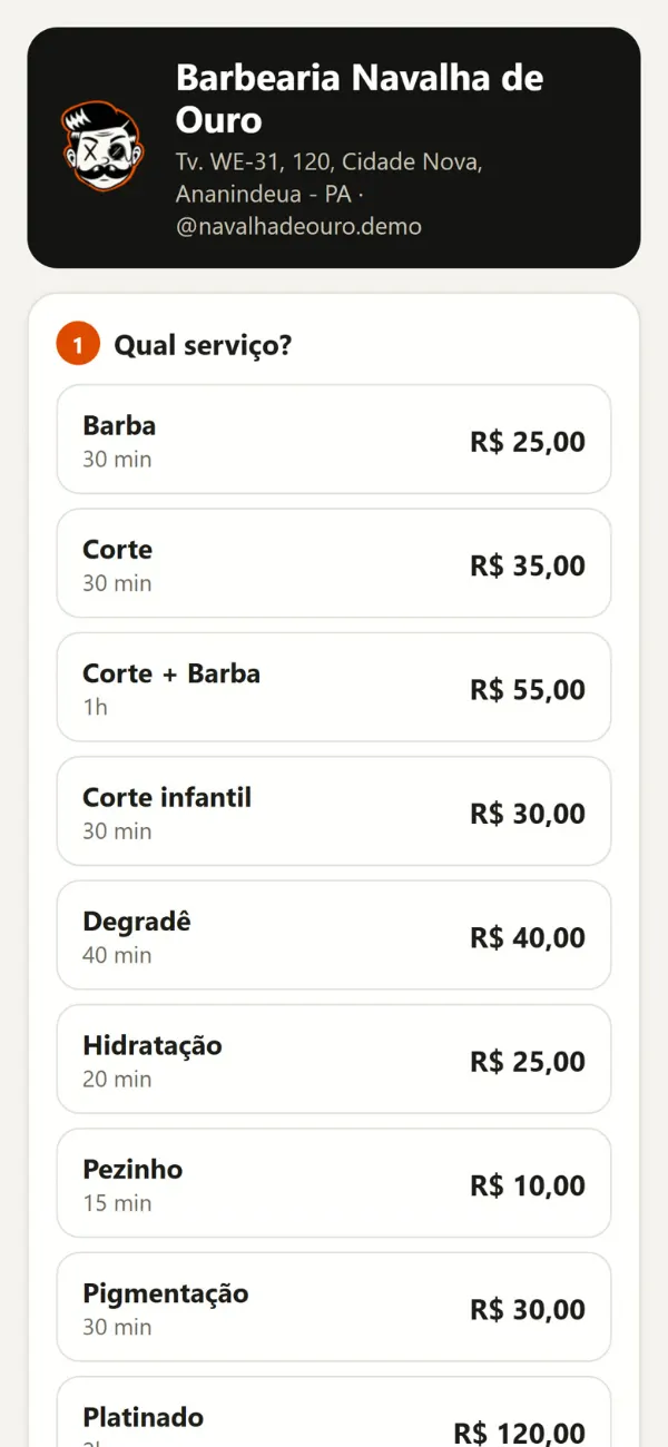 Tela de agendamento online no celular