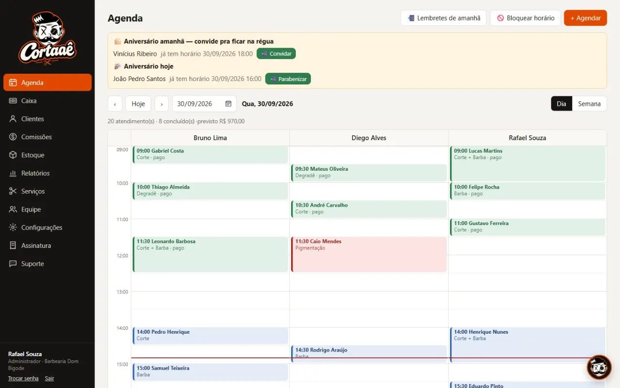 Agenda do sistema CortaaÊ com os horários de cada barbeiro